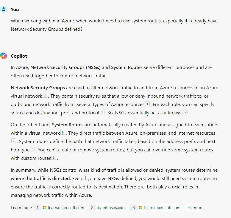 Asking Copilot why I would need system routes