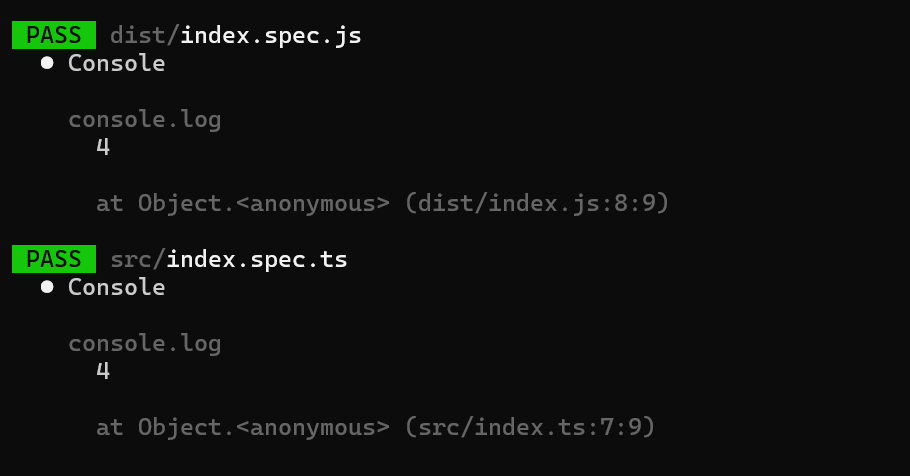 Image of jest tests running and it's found two files: index.spec.ts and index.spec.js