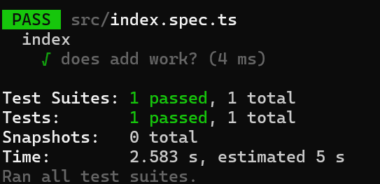 Image of jest tests running and it's found one file: index.spec.ts