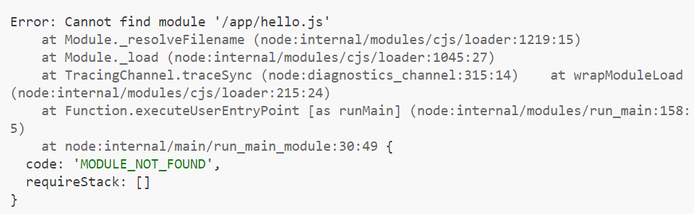 Node error stating that it could not find module '/app/hello.js'