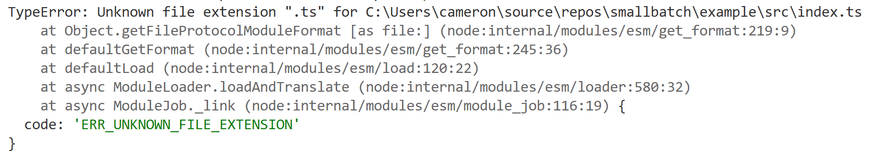 Error message from ts-node stating that it doesn't recognize ts files